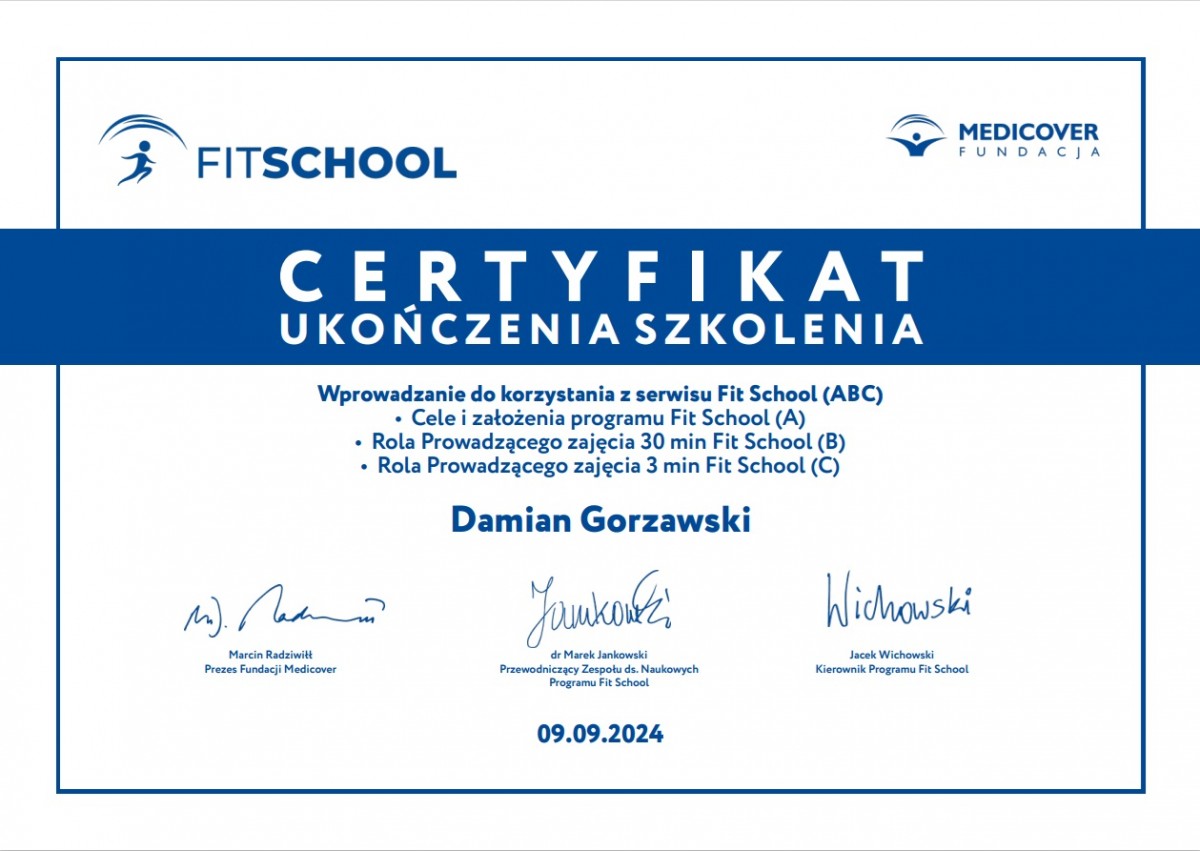 Fit School Certyfikat Damian Gorzawski 